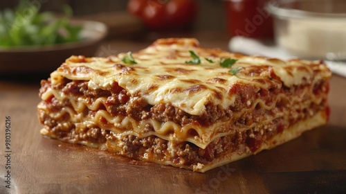 A classic beef lasagna with layers of pasta, cheese, and tomato sauce, fresh out of the oven.