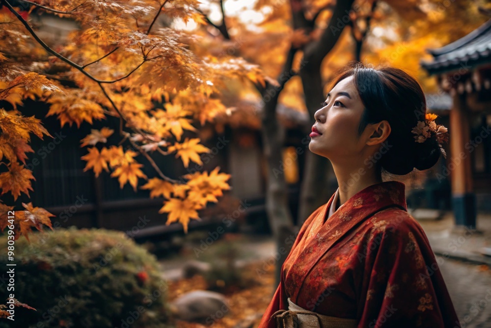 A Japanese girl in a traditional national costume - a kimono. On a fabulous background of lanterns and autumn trees. The portrait symbolizes the traditions and culture of the people of Japan. A Japanese girl in a traditional national costume - a kimono. On a fabulous background of lanterns and autumn trees. The portrait symbolizes the traditions and culture of the people of Japan.