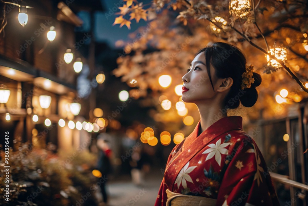 A Japanese girl in a traditional national costume - a kimono. On a fabulous background of lanterns and autumn trees. The portrait symbolizes the traditions and culture of the people of Japan. A Japanese girl in a traditional national costume - a kimono. On a fabulous background of lanterns and autumn trees. The portrait symbolizes the traditions and culture of the people of Japan.