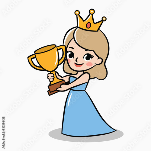 Cute Woman with Crown Holding Trophy Cartoon Vector Icon Illustration