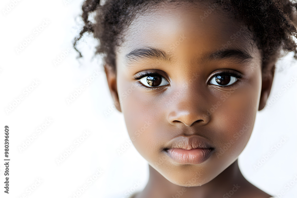 A close-up portrait of a pretty young African girl with dark skin, isolated on white background