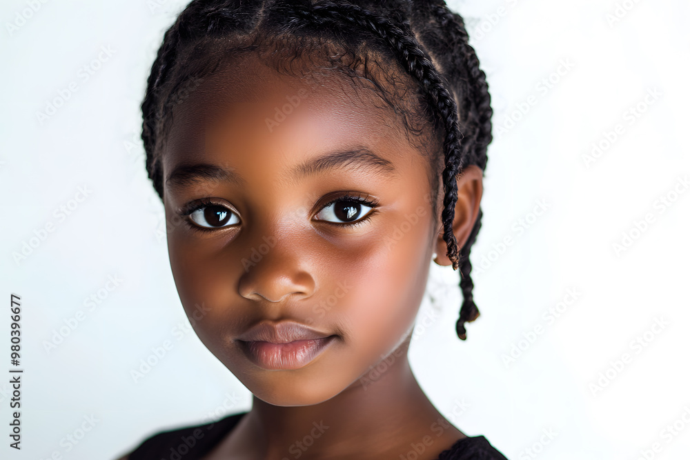 A close-up portrait of a pretty young African girl with dark skin, isolated on white background A close-up portrait of a pretty young African girl with dark skin, isolated on white background