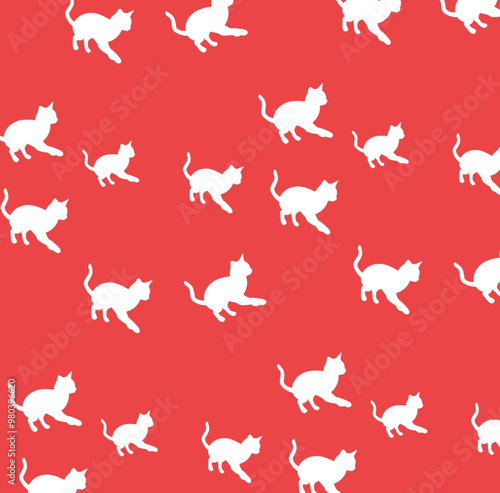 a red background with white cats and kittens, seamless pattern