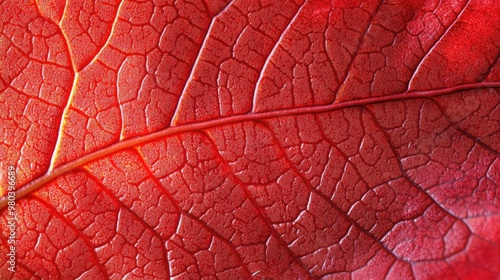 A close-up of a red maple leaf in autumn, with fine details of its texture illuminated by sunlight.