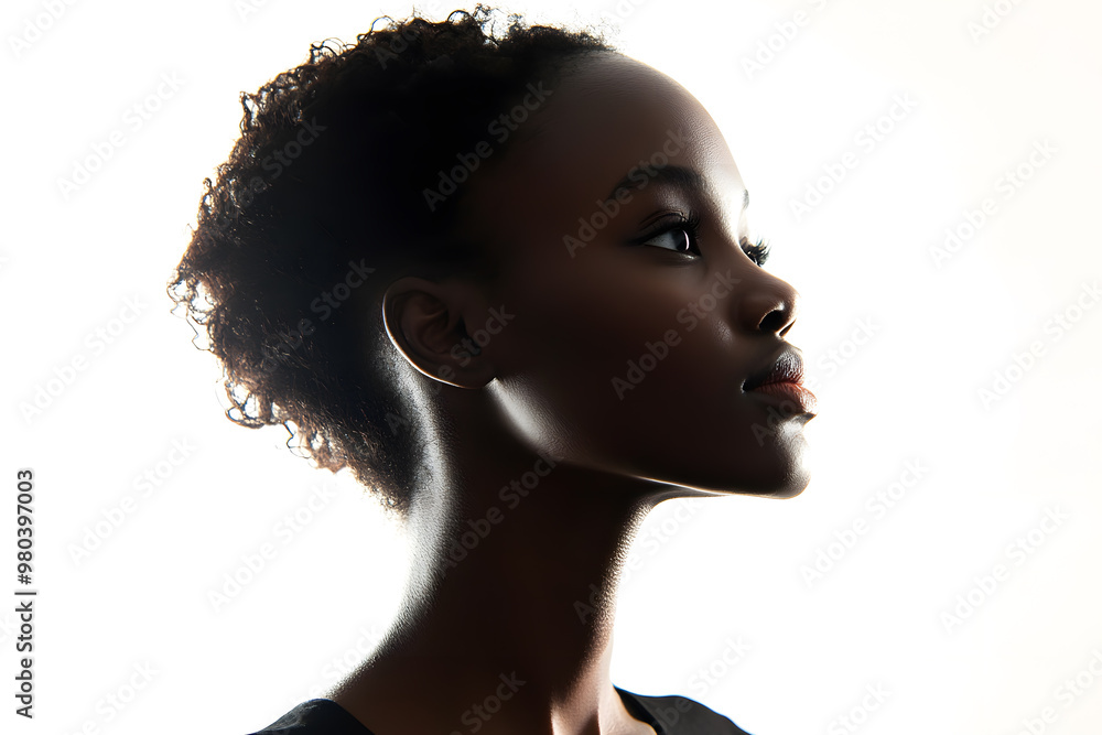 Side view portrait of a joyful African woman with glowing dark skin, captured in a close-up against a plain white background Side view portrait of a joyful African woman with glowing dark skin, captured in a close-up against a plain white background