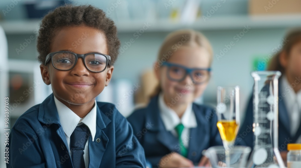 Smiling African American Boy in Glasses Doing a Science Experiment Smiling African American Boy in Glasses Doing a Science Experiment