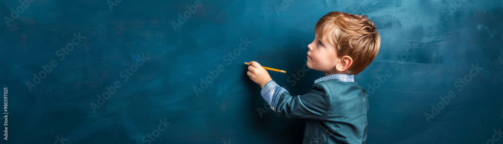 Young Boy Writing on a Blue Chalkboard Young Boy Writing on a Blue Chalkboard