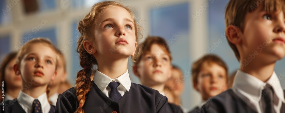 Obraz premium Young school girl looking up and thinking