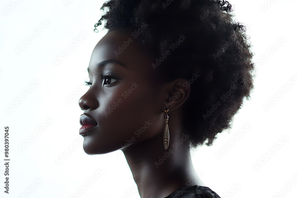Side view portrait of a joyful African woman with glowing dark skin, captured in a close-up against a plain white background Side view portrait of a joyful African woman with glowing dark skin, captured in a close-up against a plain white background