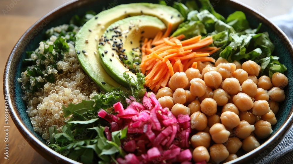 A colorful Buddha bowl with quinoa, avocado, chickpeas, and greens, arranged in a vibrant, healthy presentation. - A colorful Buddha bowl with quinoa, avocado, chickpeas, and greens, arranged in a vibrant, healthy presentation. -
