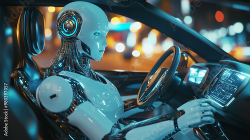 Robot driver for an autonomous car: AI managing a driverless vehicle system depicted as a cyborg. Represents the concept of artificial intelligence in transportation technology, with autopilot . photo