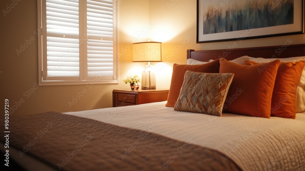 Fototapeta premium A comfortable bedroom with a king-sized bed, pillows, and a cozy reading lamp on the nightstand.