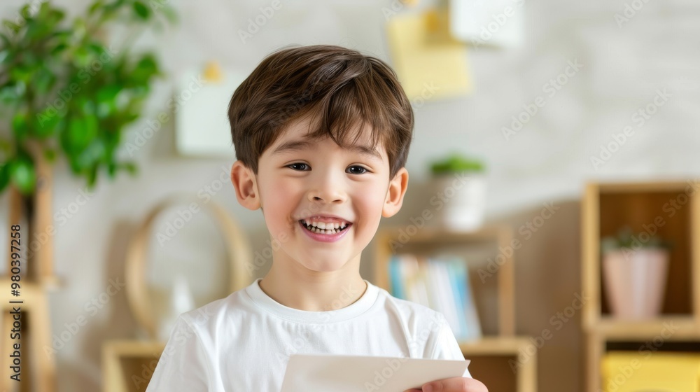 Smiling Little Boy Holding White Paper Smiling Little Boy Holding White Paper