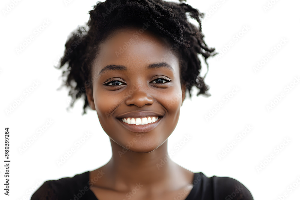 Portrait of a smiling, beautiful African woman with glowing dark skin, set against a white background Portrait of a smiling, beautiful African woman with glowing dark skin, set against a white background