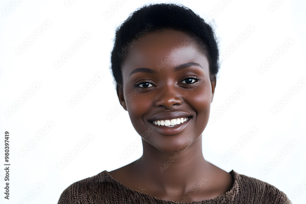 Portrait of a smiling, beautiful African woman with glowing dark skin, set against a white background Portrait of a smiling, beautiful African woman with glowing dark skin, set against a white background