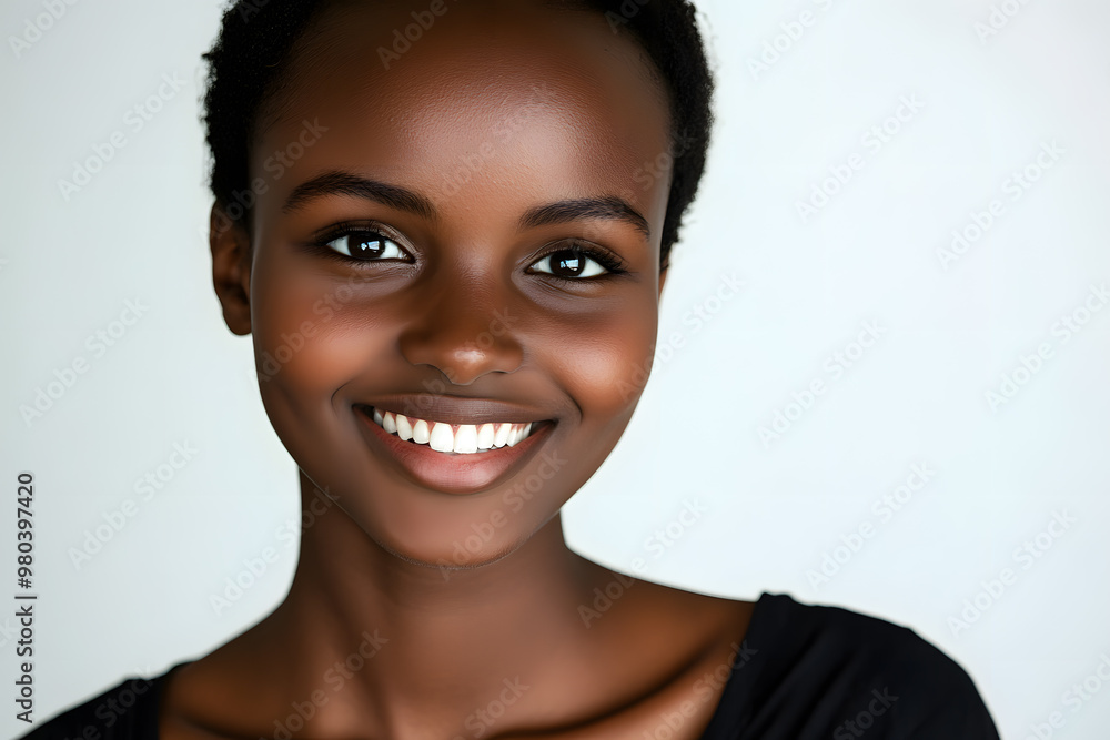 Portrait of a smiling, beautiful African woman with glowing dark skin, set against a white background Portrait of a smiling, beautiful African woman with glowing dark skin, set against a white background