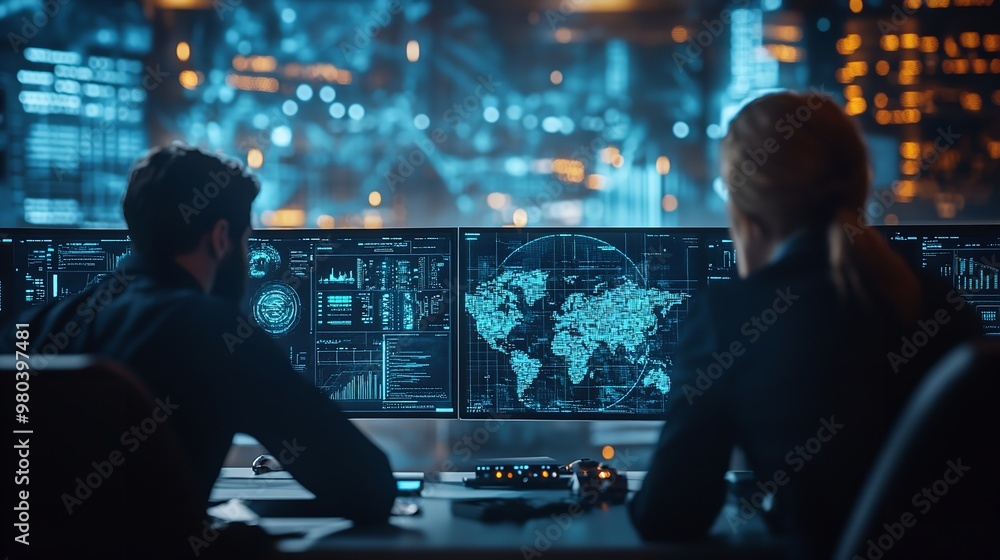 Team of professionals analyzing global data on a futuristic digital screen in a high-tech control room. Team of professionals analyzing global data on a futuristic digital screen in a high-tech control room.