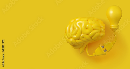 Modern yellow creativity banner. Vector 3d knowledge concept. Brainstorm or education innovation illustration, idea generating background