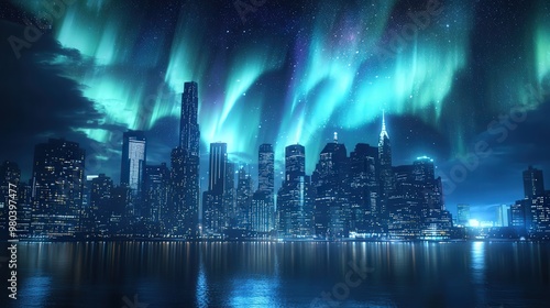 Illustrate the Northern Lights visible above a city skyline, blending the beauty of nature with urban lights