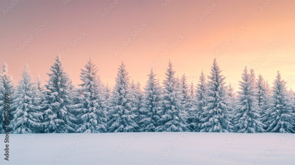 The last light of twilight bathes a snow-covered pine forest in warm orange tones, creating a tranquil and breathtaking winter landscape The last light of twilight bathes a snow-covered pine forest in warm orange tones, creating a tranquil and breathtaking winter landscape