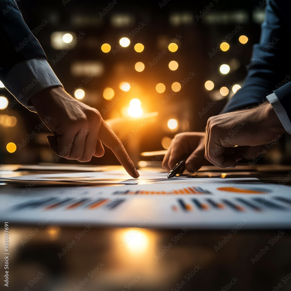 Two executives leaning over a table pointing at financial data during negotiation, business discussion, datadriven decisionmaking Two executives leaning over a table pointing at financial data during negotiation, business discussion, datadriven decisionmaking
