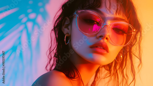 A vibrant portrait of young girl from the 80s and 90s, featuring bold neon colors. Vintage trends