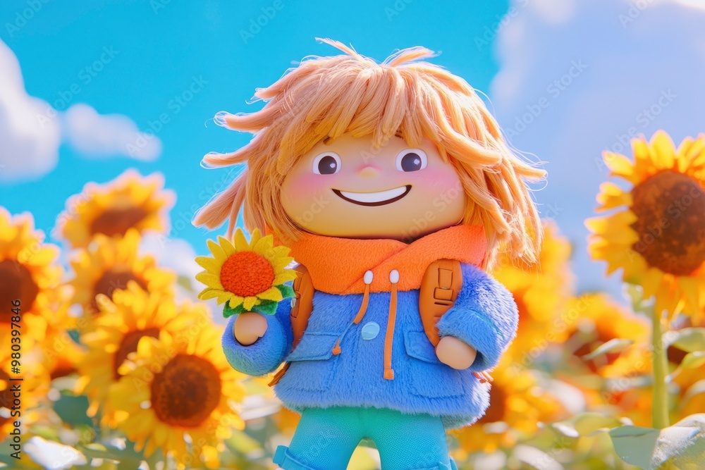 Cheerful 3D Character with Sunflower in Field Cheerful 3D Character with Sunflower in Field