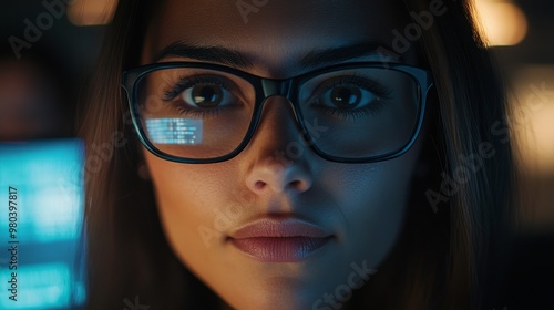 A woman coder wearing glasses concentrates on her tasks, her face softly lit by the screens around her, highlighting her dedication and passion for technology