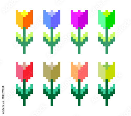 Pixel art of Tulip flower set vector. Pixelated tulip vector. 