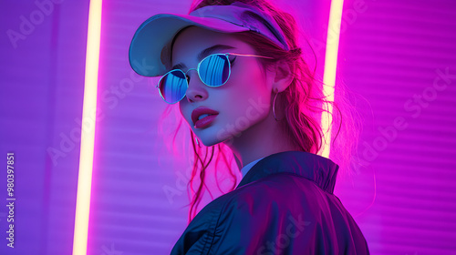 A vibrant portrait of young girl from the 80s and 90s, featuring bold neon colors. Vintage trends