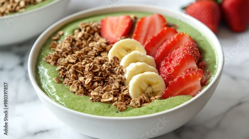 A fresh green smoothie bowl, topped with sliced strawberries, bananas, and granola.