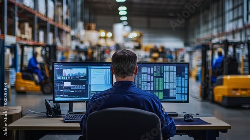 A logistics manager is seated at a desk focused on multiple computer screens while overseeing operations in a bustling warehouse filled with activity
