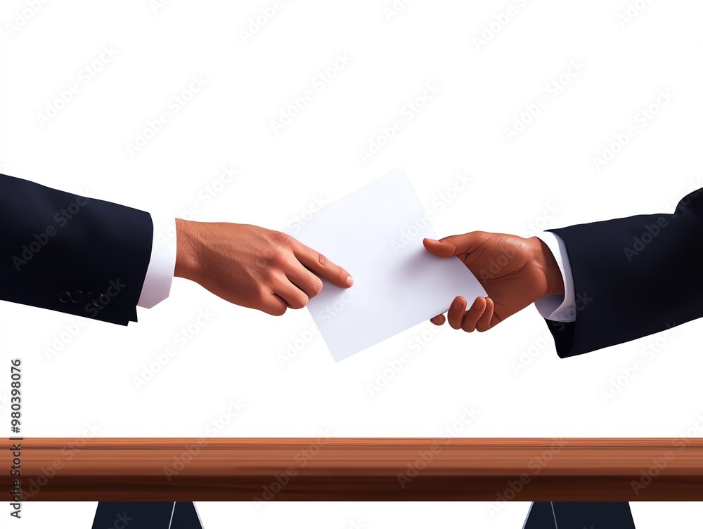 Two people passing a contract across a negotiation table, document exchange, formal business agreement Two people passing a contract across a negotiation table, document exchange, formal business agreement