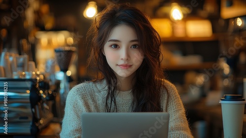 Young Woman Working on Laptop in Coffee Shop