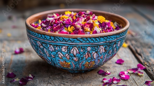 A handmade ceramic bowl with intricate patterns, filled with vibrant flower petals.