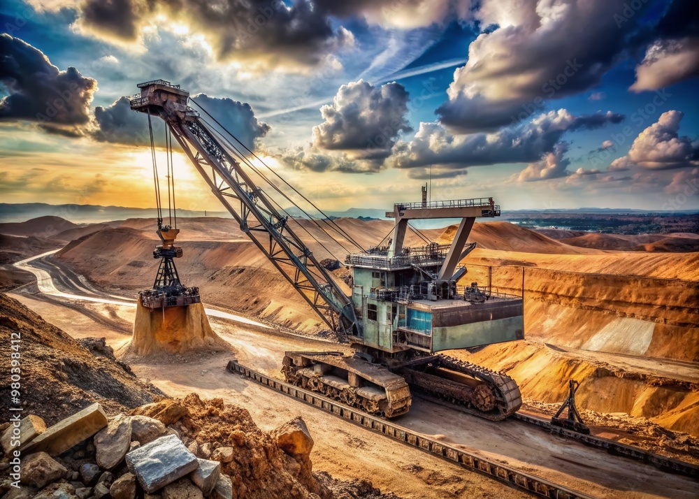 Massive excavator digs into earth with precision and power in a vast open pit mine, its mechanical arms dwarfed by the enormous industrial landscape. Massive excavator digs into earth with precision and power in a vast open pit mine, its mechanical arms dwarfed by the enormous industrial landscape.