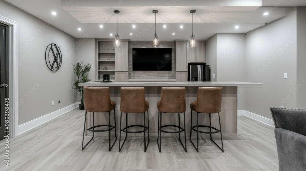 The stylish basement features light grey vinyl flooring, a cozy home theater setup, and a bar with modern stools, perfect for relaxation and entertainment The stylish basement features light grey vinyl flooring, a cozy home theater setup, and a bar with modern stools, perfect for relaxation and entertainment