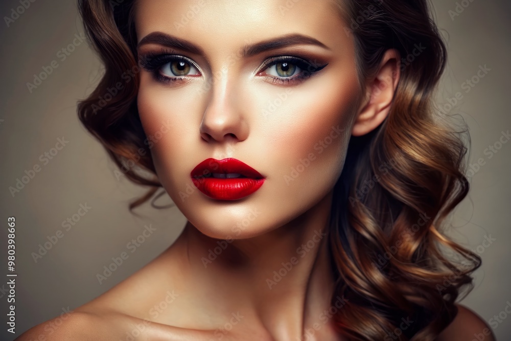 Vibrant red lips, perfectly contoured and accentuated with precision makeup, fill the frame, evoking sultry sensuality and allure, against a neutral, elegant background. Vibrant red lips, perfectly contoured and accentuated with precision makeup, fill the frame, evoking sultry sensuality and allure, against a neutral, elegant background.