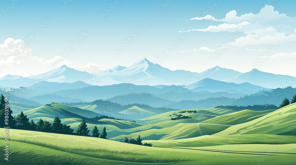 Fototapeta premium Field landscape. Minimalist landscape with green hills and blue sky.