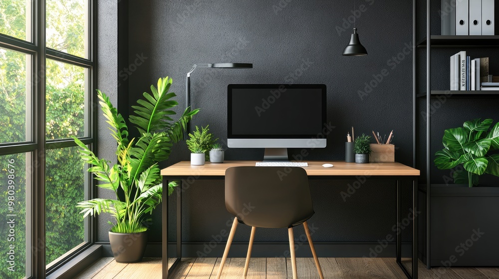 A home office setup with a sleek desk, computer, and plant, surrounded by natural light from a large window. A home office setup with a sleek desk, computer, and plant, surrounded by natural light from a large window.