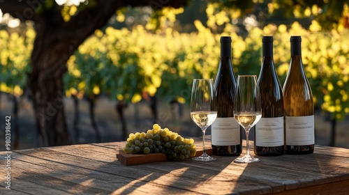 A rustic wooden table is elegantly arranged with three bottles of white wine and two glasses. Fresh grapes are displayed nearby, all basking in the warm glow of golden sunlight