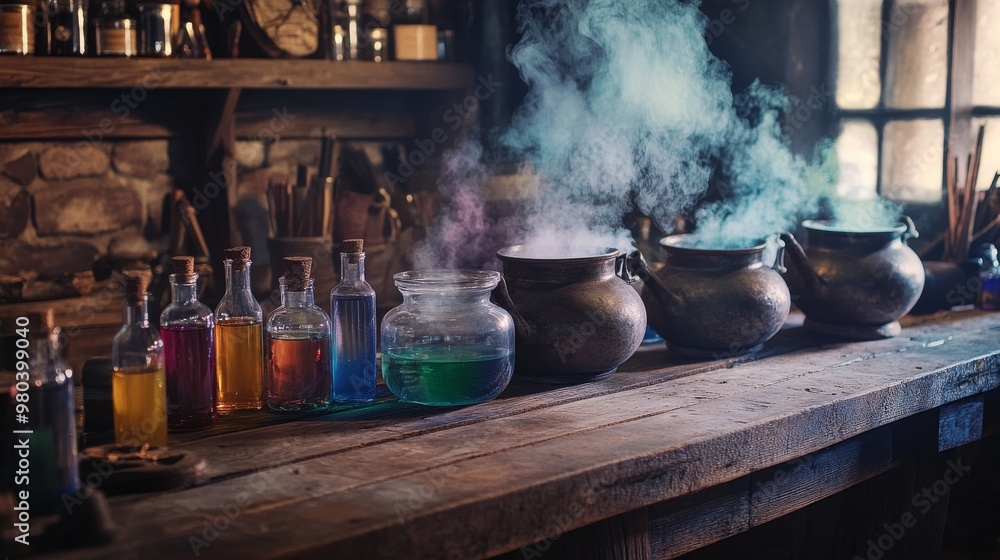 A rustic wooden table displays bubbling cauldrons alongside glass bottles filled with vibrant potions, creating an enchanting atmosphere in an apothecary A rustic wooden table displays bubbling cauldrons alongside glass bottles filled with vibrant potions, creating an enchanting atmosphere in an apothecary
