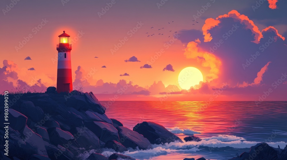A lone red lighthouse standing on the edge of a rocky cliff by the sea, guiding ships at sunset. A lone red lighthouse standing on the edge of a rocky cliff by the sea, guiding ships at sunset.