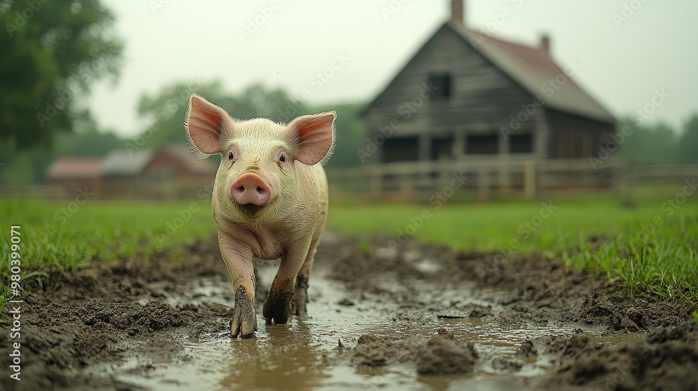 Pig Walking in Mud Near an Old Wooden Farm, Pink Ears and Head Sticking Out of the Water, Captured in a Rural Scene on a Sunny Day
Pig Walking in Mud Near an Old Wooden Farm, Pink Ears and Head Sticking Out of the Water, Captured in a Rural Scene on a Sunny Day