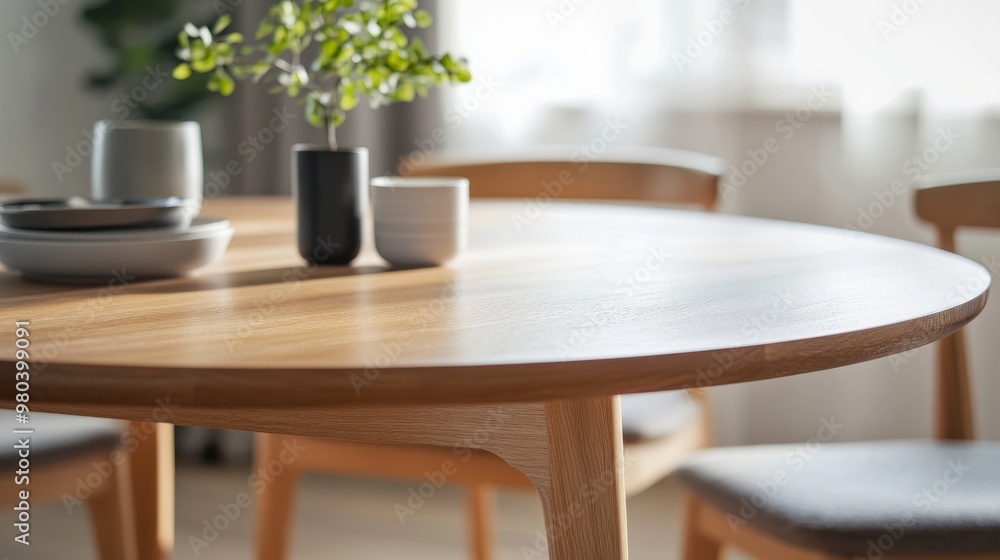 A beautifully set round wooden dining table awaits, surrounded by minimalist decor and illuminated by soft natural light, creating a serene dining atmosphere A beautifully set round wooden dining table awaits, surrounded by minimalist decor and illuminated by soft natural light, creating a serene dining atmosphere