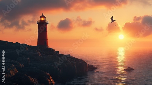 A lone red lighthouse standing on the edge of a rocky cliff by the sea, guiding ships at sunset.