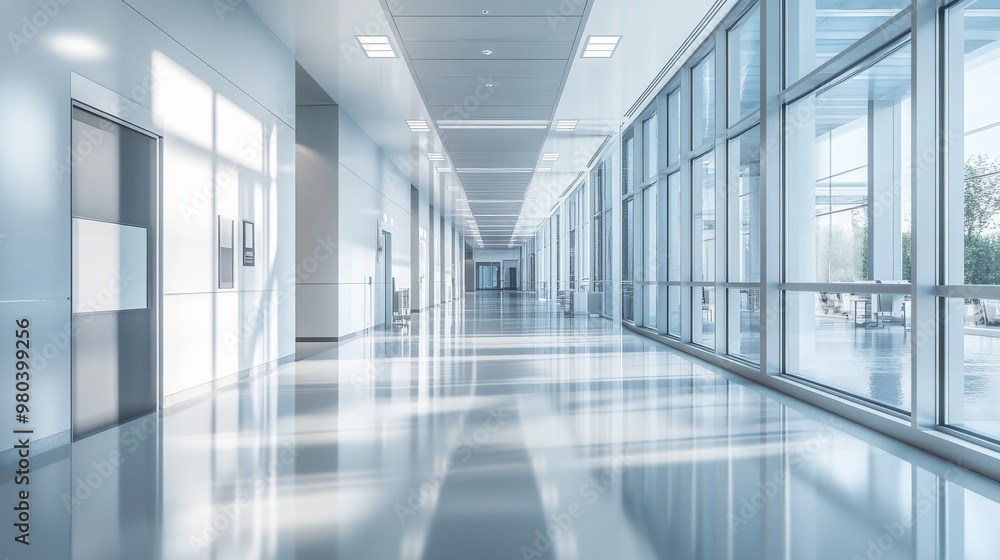 Obraz premium A spacious hospital hallway displays a sleek and minimalist interior design, featuring large windows allowing natural light to flood the space and enhance the atmosphere