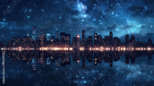 Design an image showing the contrast between city lights and the starry sky above, blending urban and celestial beauty.