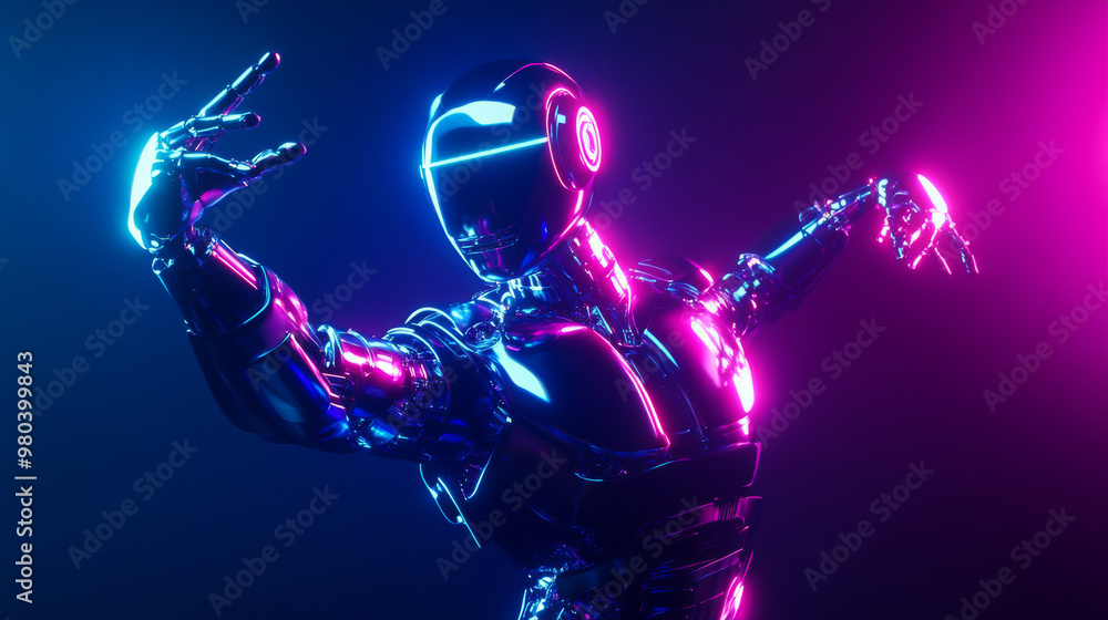Robot or cyborg dabbing at a party. Android in a dab pose. Cybernetic figure with artificial intelligence dancing in a nightclub with techno or electronic music. 3D robot featuring a bionic face, hand Robot or cyborg dabbing at a party. Android in a dab pose. Cybernetic figure with artificial intelligence dancing in a nightclub with techno or electronic music. 3D robot featuring a bionic face, hand