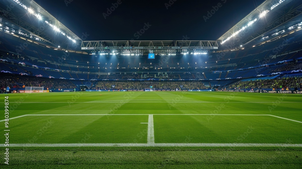 Obraz premium Illuminated football stadium, night game, bright lights, green field, empty seats, lively atmosphere, sports arena, competition, soccer field, stadium lights, night match concept